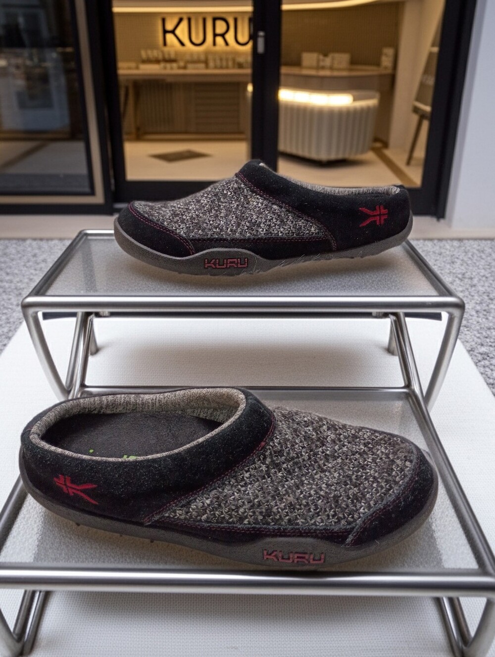 KURU Draft Knit & Suede Black/Gray Slip-On Mules Orthopedic Arch Supportive 10M